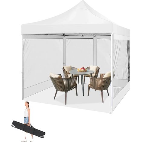 Cenador impermeable con paredes laterales de malla desmontables, color blanco. (1/2)