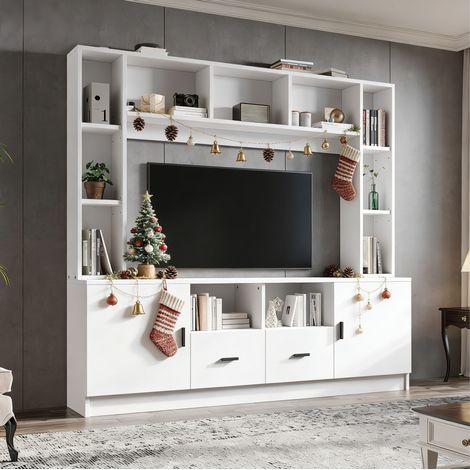 Meuble TV 180x35x170 cm 2 portes 2 tiroirs blanc OKMYHOME (1/5)