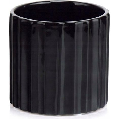 Vaso da fiori in ceramica con coperchio rotondo, goffratura verticale, nero, 13 cm