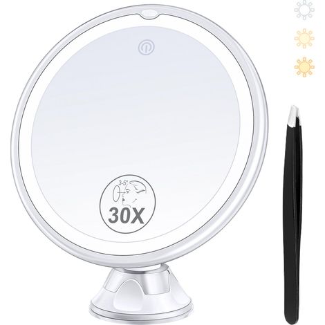 Miroir Grossissant avec Lumière 30X, Miroir de Salle de Bain à Ventouse, 3 Modes de Couleurs et Luminosité Ajustable, Mirror pour Salle de Bain Mural Aucun Perçage Nécessaire de 20cm (1/5)