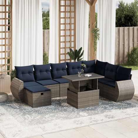 9-teiliges Gartensofa-Set mit Kissen, grau, Polyrattan (1/5)