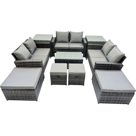 Fimous PE Rattan Garden Furniture Set Lounge Double Seat Sofa Coffee Table Set with 2 Side Tables 4 Stools Dark Grey MixedMixed (1/5)