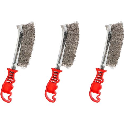 Dapetz ® 3Pcs Hand Wire Brush Set Carbon Steel and Stainles Steel with Red Handle Bristles 10" 250mm Long Handled Curved Wire for Cleaning Rust Remover, Paint and Welding Slag (1/5)