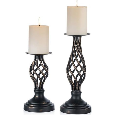 2 pièces bougeoirs pilier bougies en métal vintage noir bougeoir standard gothique, Noël Halloween maison salon cheminée table de mariage centre de table décor (21 cm + 28,5 cm)