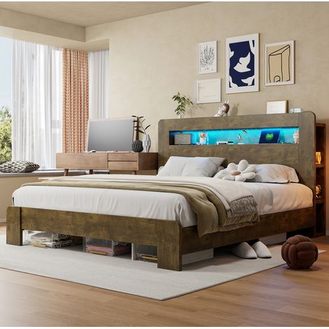 Letto matrimoniale in legno 180 x 200 cm con testiera contenitore, LED e prese integrate (1/5)