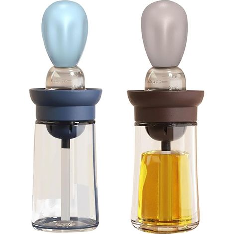 Distributeur d'huile avec pinceau - Lot de 2 bouteilles en verre 2 en 1 pour huile d'olive, avec pinceau à badigeonner, pour la cuisson, la friture et le pâtisser, 180 ml, T-OB21 Bleu + Gris (1/5)