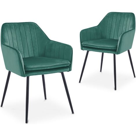Lot de 2 chaises avec accoudoirs en velours vert pieds noirs EDWIGE (1/5)