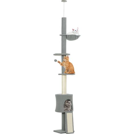 PawHut árbol para gatos de suelo a techo, altura ajustable de 220-240 cm con hamaca, plataformas en flor, cuevas, rampa y bola, gris claro (1/5)