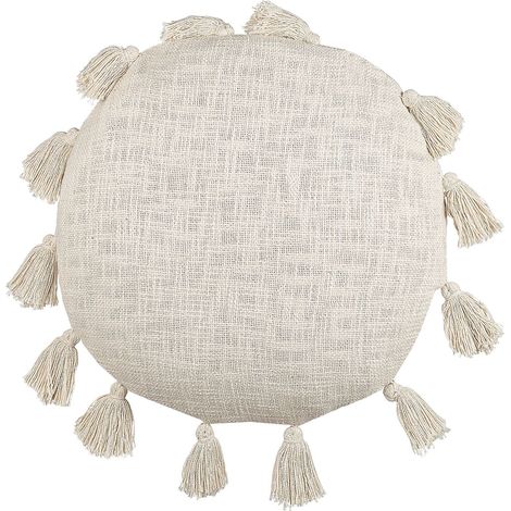 Coussin Décoratif Rond en Coton à Pompons Beige 45 cm de Diamètre Style Boho Madia (1/5)