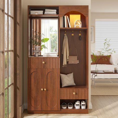 Modernluxe - Ensemble vestiaire d'entrée - avec miroir et patères - avec étagère à chaussures et banc - 2 portes et 2 tiroirs - Marron (1/5)