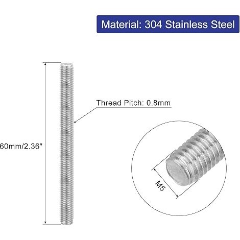 Stainless Steel 304 Threaded Rods, M5 x 60mm Straight Threaded Bar Studs Pitch M5-0.8 for Furniture Machine Assembly (1/4)
