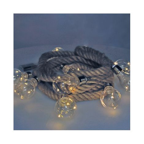 Guirnalda a pilas fija, 10 bombillas con 3 LEDs cada bombilla, cuerda de yute, luz blanco cálido, 3m  71209