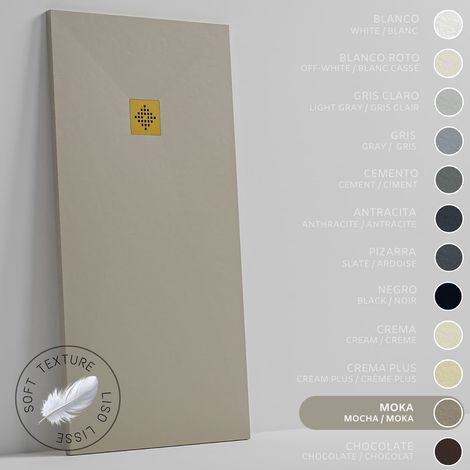 SOULHOME Receveur de Douche -Résine -Gel Coat -Texture Lisse Soie -Antidérapant -Couleur Moka - 130x80- Extra plat 3cm. GRILLE DORÉE (1/5)