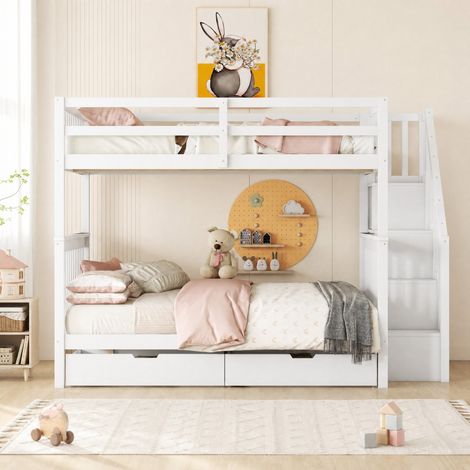 MODFU – Litera infantil 140x200 cm de pino y MDF con escalera de almacenamiento, 2 cajones, barandillas altas, carga 120 kg y EN 747 – Blanco (1/5)