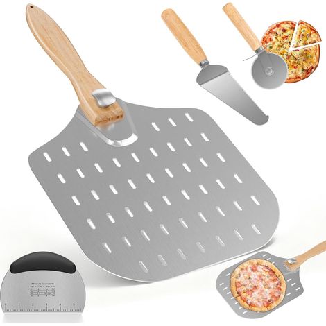 Ensemble 4 ustensiles pizza acier inox——pelle perforée à manche bois pliable, coupe-pizza, spatule & racleur, adapté à la préparation de pâte maison (1/5)