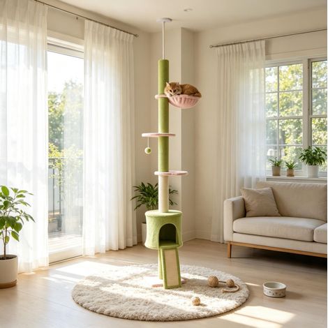 Albero per gatti salvaspazio 30x25x220-240 cm in legno verde FloraGrace (1/5)