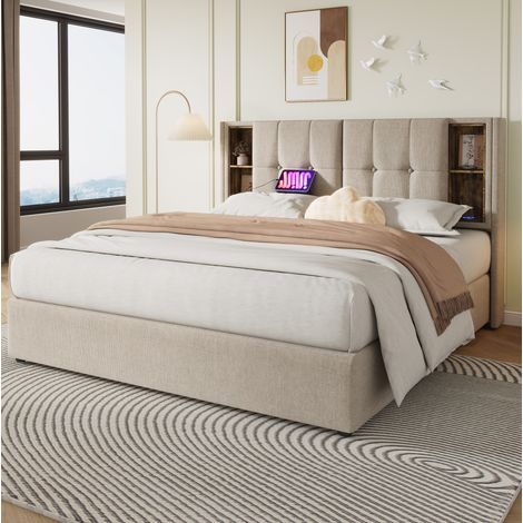 Letto imbottito moderno 160x200 cm in lino naturale con testiera con ricarica wireless, USB-C, vani portaoggetti e contenitore (1/5)