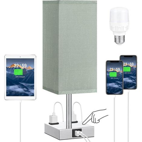 Lampe de chevet Tissu Design moderne Variateur tactile 3 niveaux LED incluse Ports USB A+C et 2 prises électriques Base en fer (1/2)