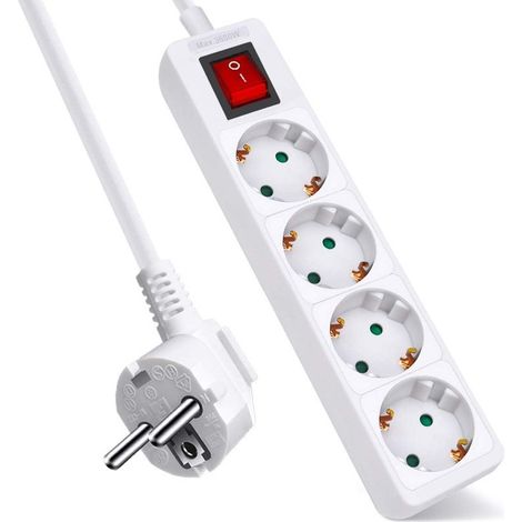 Multipresa Ciabatta Elettrica con Interruttore Save Energy, Cavo 1,5 m, IP20, Protezione, 16 A, 3680 W, Bianco 4 Prese