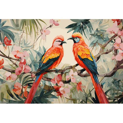 Papier peint panoramique - Fleurs Oiseaux - 130 cm x 89 cm (1/2)