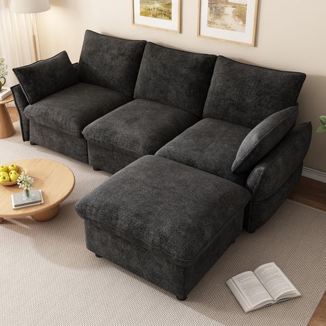 Divano angolare 3 posti con pouf poggiapiedi - 222,5 x 154,5 x 76,5 cm - per soggiorno e appartamento - tessuto ciniglia moderno - grigio scuro (1/5)