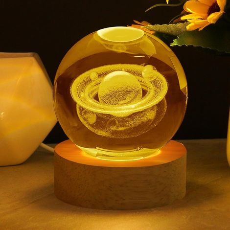 1 Veilleuse Boule De Cristal 3D Saturne,Base En Bois,Lumière Chaude USB,Décoration Bureau,Cadeau Astronomie Enfant (1/5)