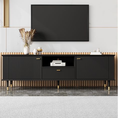Meuble TV 170x36x54 cm noir en MDF laqué avec rangements, passe-câbles et fermeture douce (1/5)