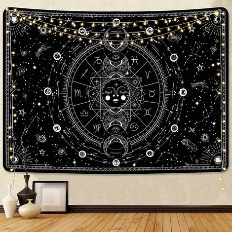 Tapisseries murales d'astrologie céleste en noir et blanc - Décoration psychédélique soleil et lune pour chambre à coucher (1/5)