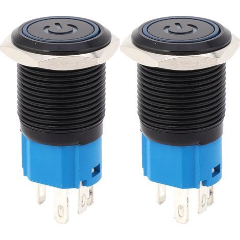 2PCS Interrupteur Métallique Auto-bloquant Noir IP65 avec LED et Symbole 16mm (Bleu 3-6VDC) (1/5)