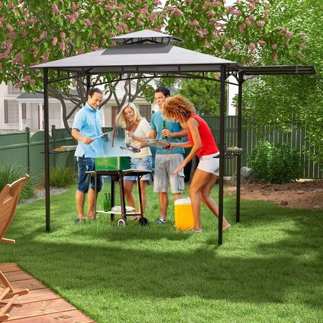 Grillpavillon mit Seitenmarkise, Doppeldach, Metallregalen (1/5)