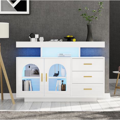 Aparador LED 120x40x80 cm, mueble con 3 cajones, 3 huecos abiertos, acabado brillante, tablero de partículas blanco (1/5)