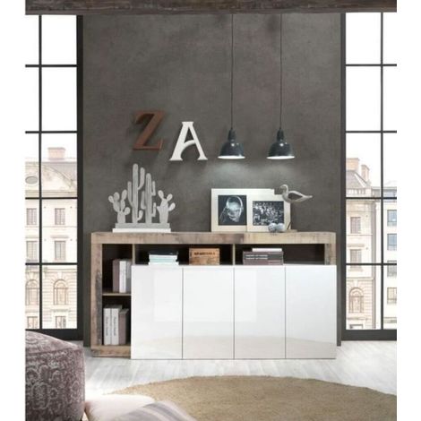 Buffet HAMBURG 4 portes – Blanc laqué brillant / Chêne Cadiz (1/5)