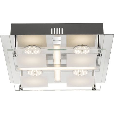 Plafoniera LED 4 faretti plafoniera soggiorno moderna, vetro cromo, LED 18W 1260Lm bianco caldo, LxLxH 24x24x7 cm
