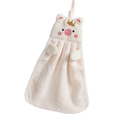 Serviette à main pour enfant en polaire corail motif cochon mignon absorbante suspendue pour cuisine salle de bain beige (1/5)