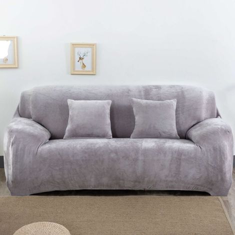 Elasticated plush sofa cover, fully enveloping, thick, for 3-seater sofas, fabric, plain colour (1/3)