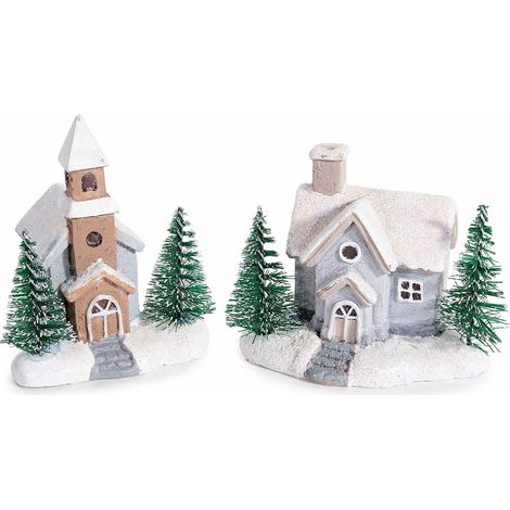 Casette e chiese innevate con pini natalizi per villaggio di Natale, realizzate in resina, set da 8 pezzi, cm 6,5 x 5,5 x 7,5 H