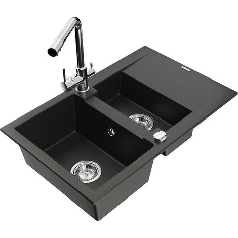Mexen Gaspar évier en granit 1,5 bac avec égouttoir et robinet de cuisine Duero, noir/doré métallique - 6507-75-671600-00 (1/5)
