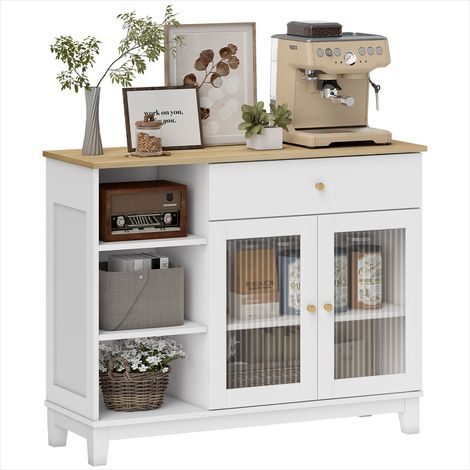 Buffet blanc en MDF avec portes vitrées nervurées et tiroir – 100x35x80,3 cm – Rangement salon moderne (1/5)