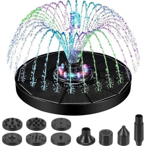 Fontaine Solaire Exterieure De Jardin, Flottante Pompe Bassin Solaire Avec 8 Buse, Led Lumière, Fontaine Solaire Pour Bassin Pour (1/5)