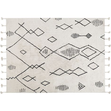 Alfombra de algodón blanco crema negro 160 x 230 cm geométrico oriental Kebir