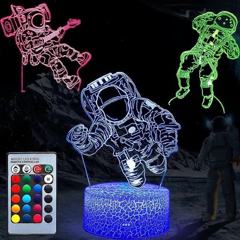 Astronauten-Nachtlicht für Kinder, optische 3D-Täuschung mit Weltraumthema, 3 Muster und 16 Farben, Fernbedienung, einstellbare Intensität, Weltraumspielzeug für Kinder im Alter von 5 bis 10 Jahren. (1/5)