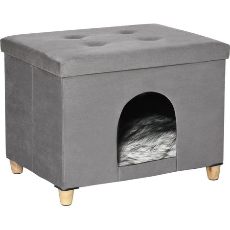 Reposapiés 2 En 1 Para Cueva De Gatos Con Cojín, Patas De Madera, Casa Para Gatos, Cesta Para Gatos, Otomana Acolchada Suave, Diseño Elegante, Mdf Extraíble, Felpa Gris (1/5)