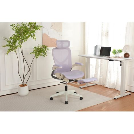 Chaise de Bureau Ergonomique Pliable - 62x48.5x129cm - Fauteuil Maille Gain de Place Assise Coulissante avec Repose-Pieds - Violet (1/5)