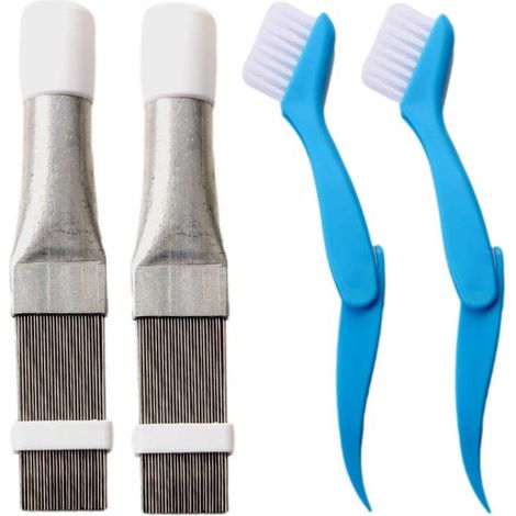 2er-Set Metall-Flossenkamm und 2er-Set blauer Klapppinsel – Edelstahl-Kondensator-Reinigungswerkzeug, Kühlerbürste, effizientes Staubentfernungs-Tool