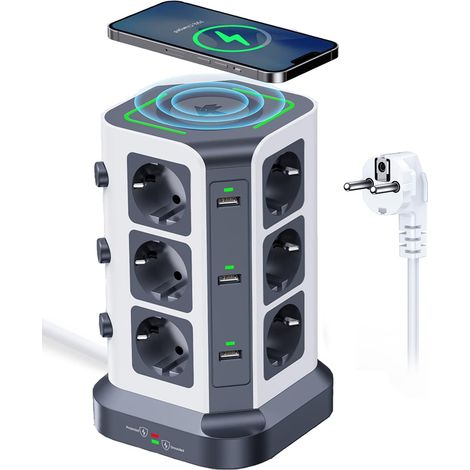 Tour Multiprise Chargeur Induction, 12 Prises, 2M, Gris 12 Prises, Chargeur Sans Fil 15W, 6 USB, Parafoudre 1500J, Câble 2M, Bureau, Salon (1/5)
