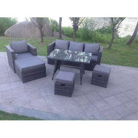 Gris foncé mixte Salon de Jardin Extérieur en Résine avec Fauteuil Table à manger rectangulaire Grand tabouret 2 Petits tabourets 7 places (1/4)