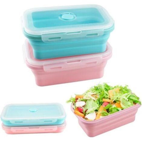 Pièces Boîtes à Déjeuner Pliables, 800ML Récipients Pliables en Silicone avec Couvercles Boîte à Lunch Pliable Anti-Fuite pour Bureau Camping Pique-Nique (Bleu, Rose) (1/4)