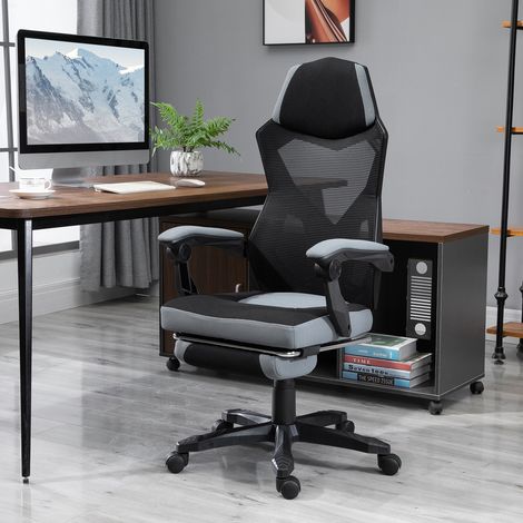 Vinsetto Chaise de bureau fauteuil gaming hauteur réglable dossier roulettes pivotantes repose-pied tissu en maille 58L x 63l x 112-122H cm gris noir