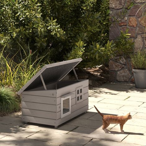 Maison à chat bois 87x52x44cm gris imperméable toit asphalte pliante fenêtre abri hivernal jardin balcon.