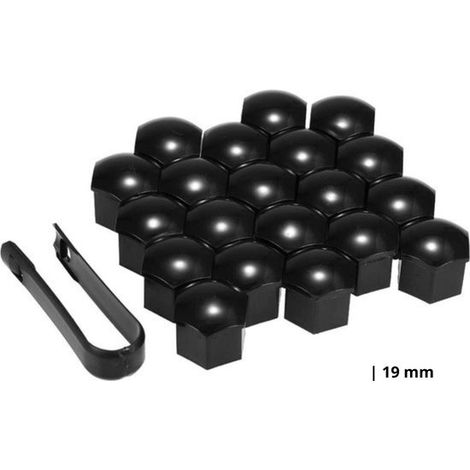 Set de 20 bouchons d’écrou de roue – 19 mm – Noir – Plastique – Outil de démontage inclus (1/5)